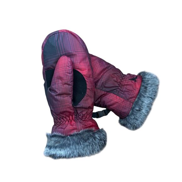 Eddie Bauer Women’s Plaid Down Mittens Faux Fur Cuffs Red Black Connector Warm S - Picture 1 of 15
